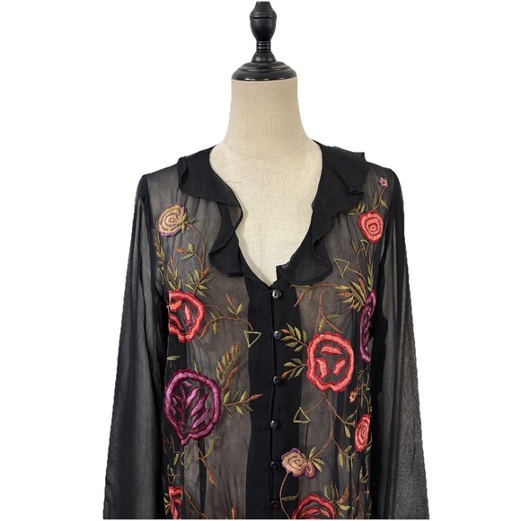Vtg 90s Sheer Black Duster Floral Embroidered Ruffled Sleeves Sz M Whimsigoth Bo - Picture 2 of 8